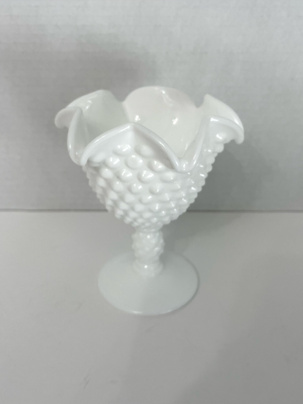 Vintage Fenton Pedestal Candy Dish White Milk Glass Hobnail Ruffled Top 5.25β